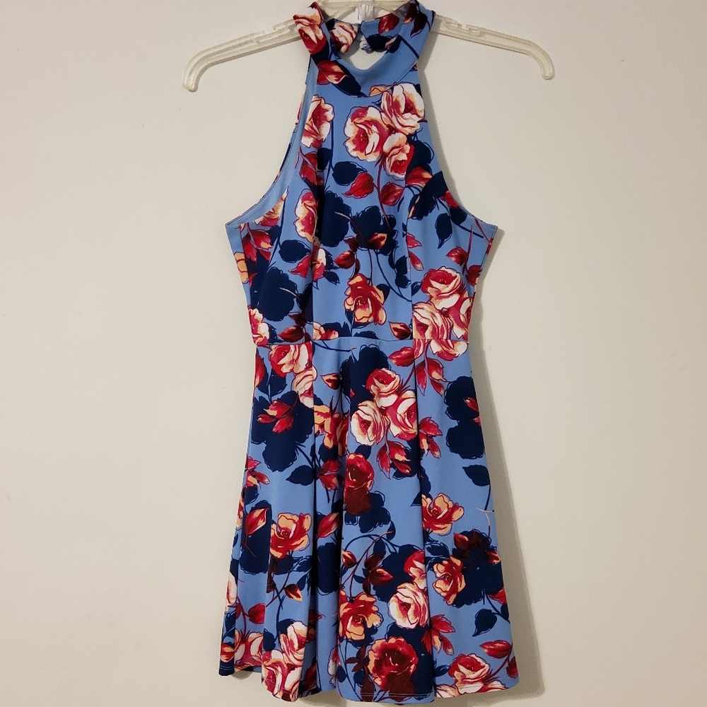 Miami Blue/Red Floral Halter Fit & Flare Midi Dress